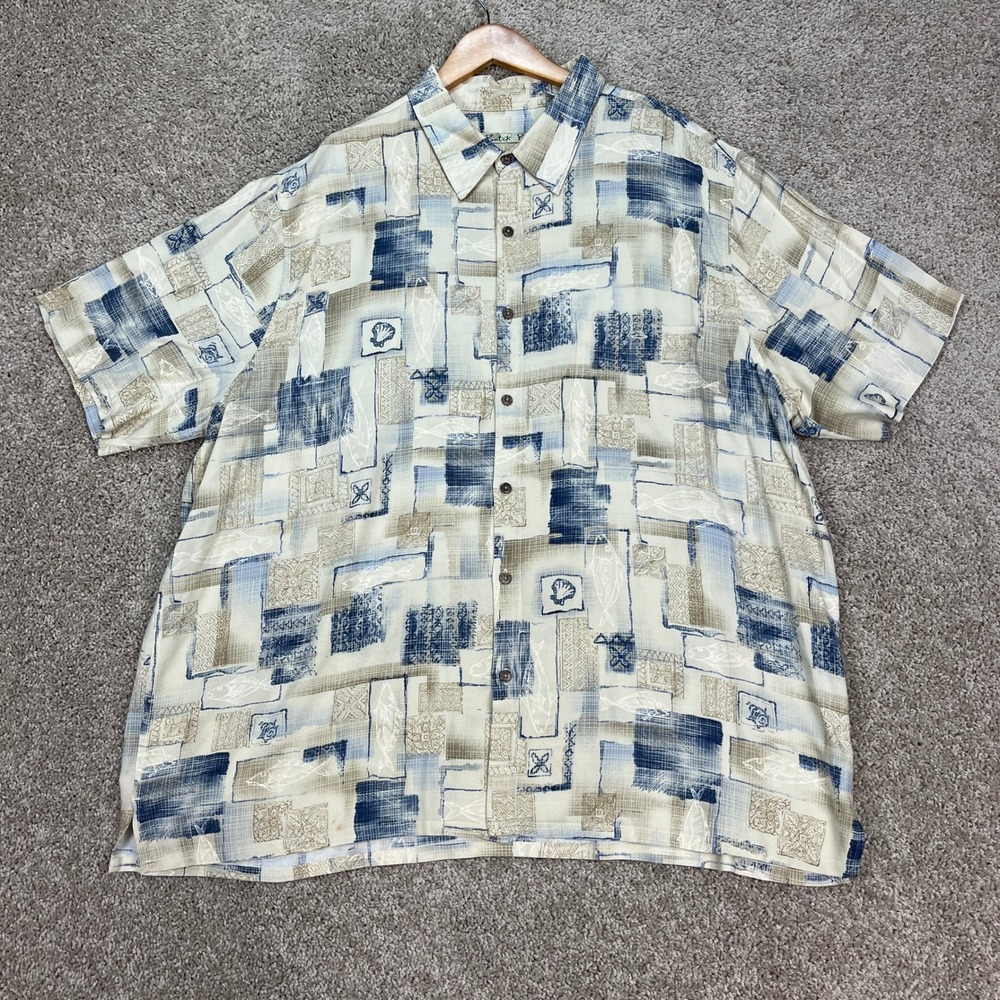Batik Bay Button Down Shirt Mens XXL Blue Tan Short Sleeve Geometric Patchwork